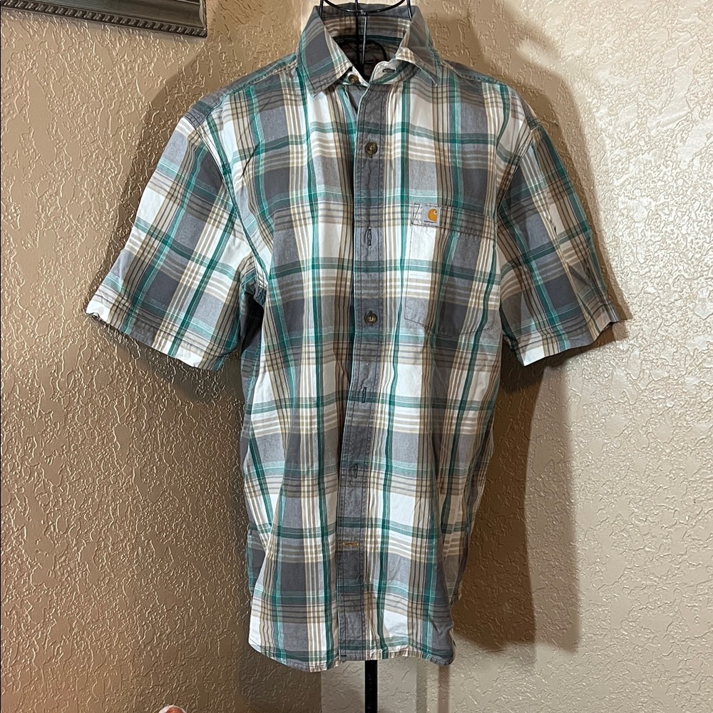 Carhartt Men's Green and Blue Plaid Button Down Shirt